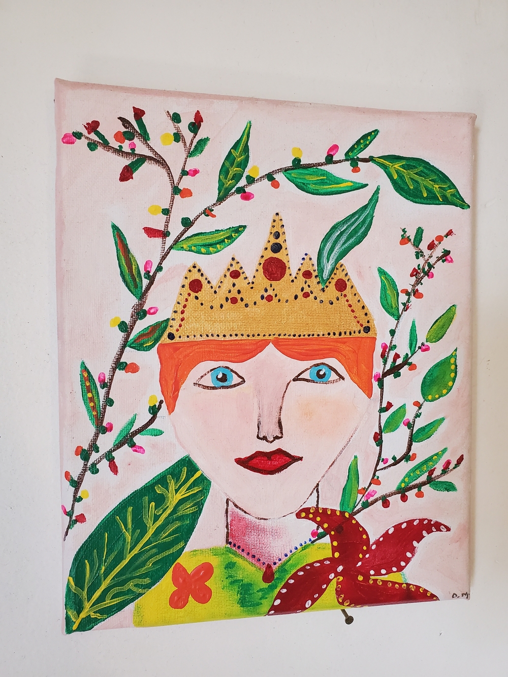 Classic Folk Art Original Queen Painting‎ Summer Floral Fauna Wall Decor Home